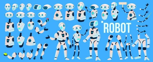 roboter-vektor. animation eingestellt. mechanismus-roboter-helfer. cyborgs, ai futuristische humanoiden charakter. animierte künstliche intelligenz. web-design. roboter-technologie isoliert illustration - roboter stock-grafiken, -clipart, -cartoons und -symbole