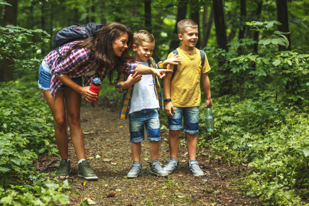 istock Mother and her little sons hiking trough forest . 1060806582
