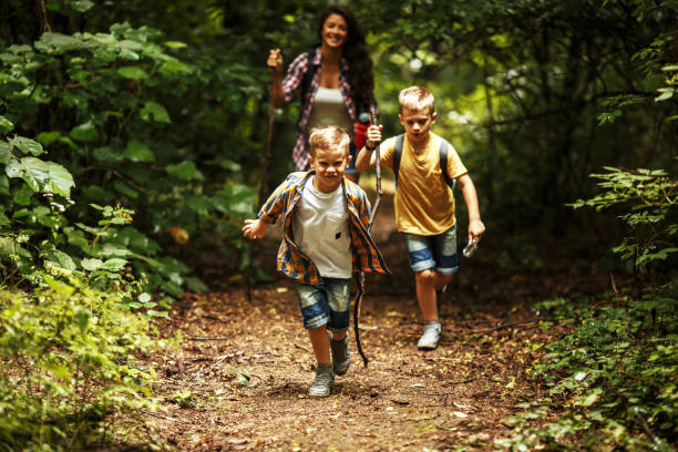 istock Mother and her little sons hiking trough forest . 1060808294