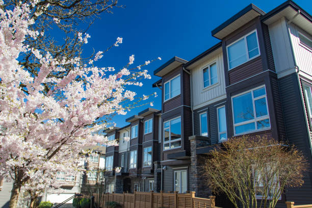 Modern low rise wood frame complex. On sunny day in spring with blooming sakura trees. stock photo