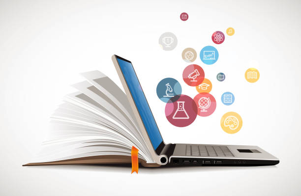 e-learning - buch als laptop-e-book-konzept - laptop and books stock-fotos und bilder