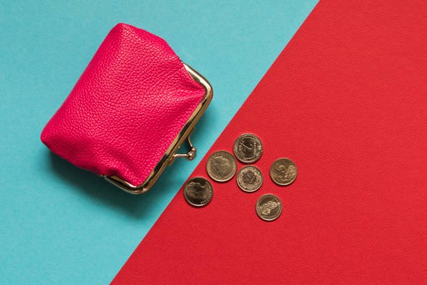 istock Pink wallet with coins on blue red background . Saving concept 1060814280