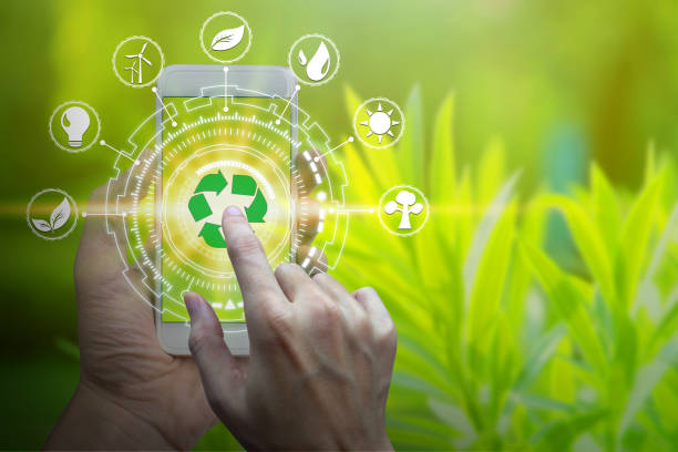 istock Hand holding smartphone with environment Icons 1060814796