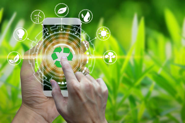 istock Hand holding smartphone with environment Icons 1060814802