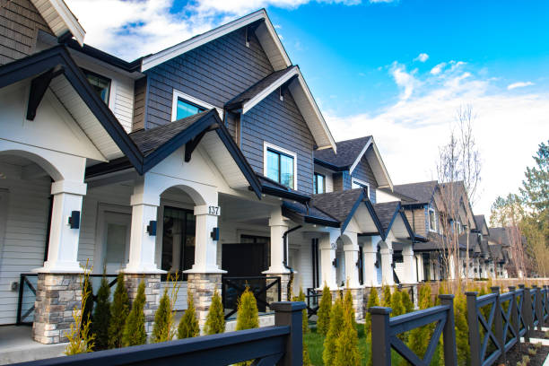 Beautiful new contempory suburban attached townhomes in a Canadian neighborhood. stock photo