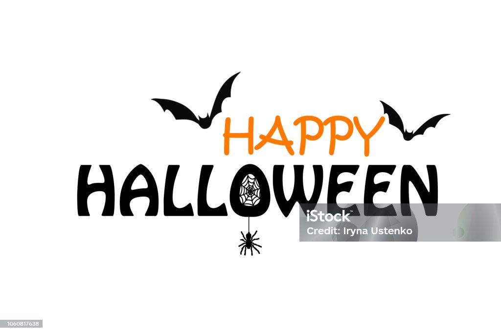 Happy Halloween black and orange text on the white background with bats Abstract stock illustration