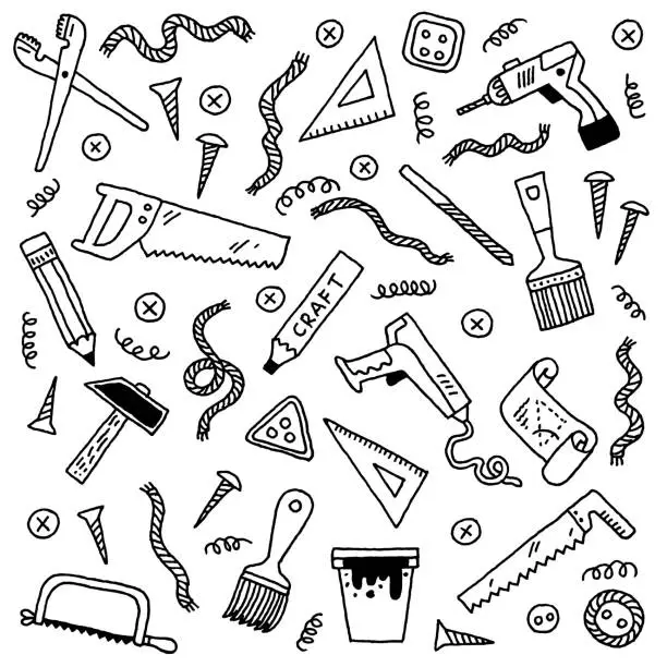 Vector illustration of Craft Tools Hand Drawn Vector Doodle Illustration Black and White