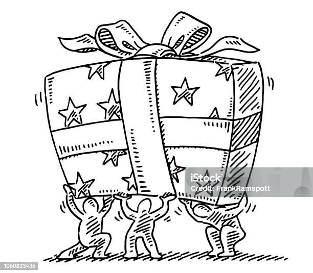 Little Human Figures Holding Big Gift Box Drawing Stock Illustration - Download Image Now - Christmas, Doodle, Birthday