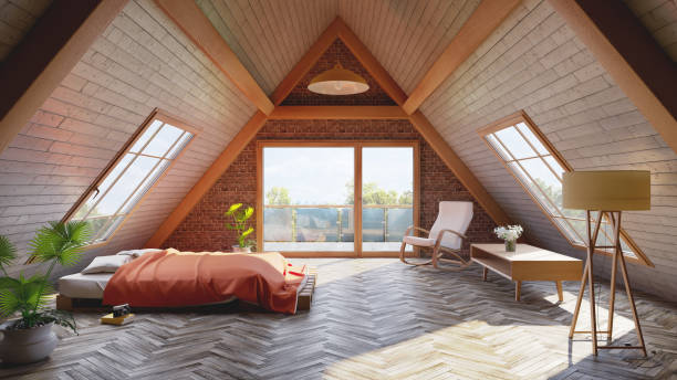 loft attic bedroom concept - loft apartment house contemporary indoors imagens e fotografias de stock