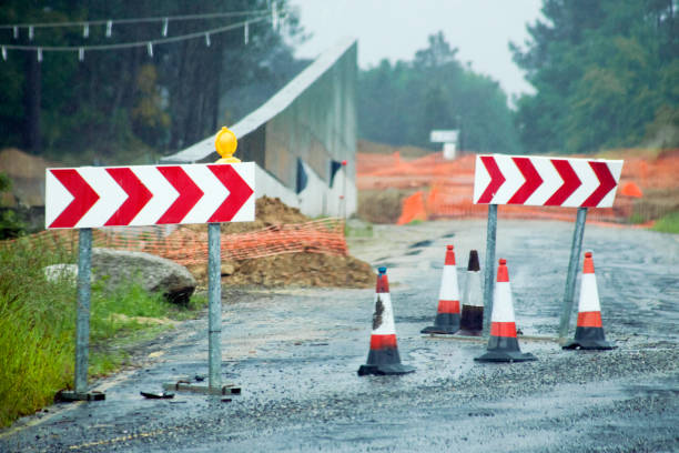 istock Road works, danger ahead warning, arrow symbols, traffic cones . 1060826012