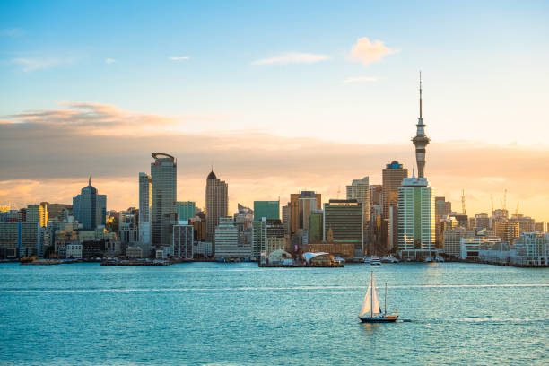 2018, jan 3 - auckland, nowa zelandia, widok panoramy, piękna kapitalizacja budynku w mieście auckland przed zachodem słońca. widok z cyril bassett vc lookout. - beautiful bay sea water zdjęcia i obrazy z banku zdjęć