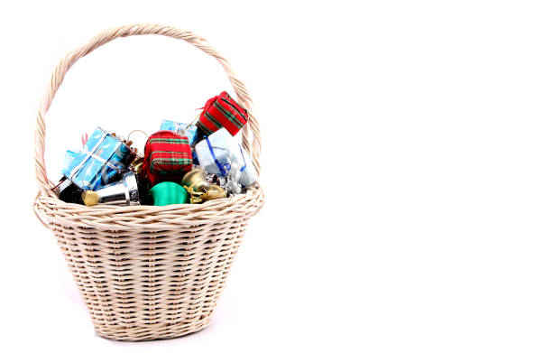 Christmas decorations in a basket against a white backdrop.
