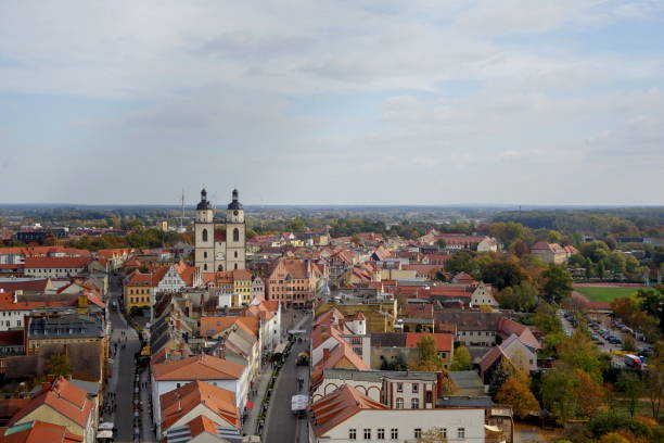 View over Wittenberg old town, Panoramic view of Lutherstadt Wittenberg wth Stadtkirche from view point platform stock photo