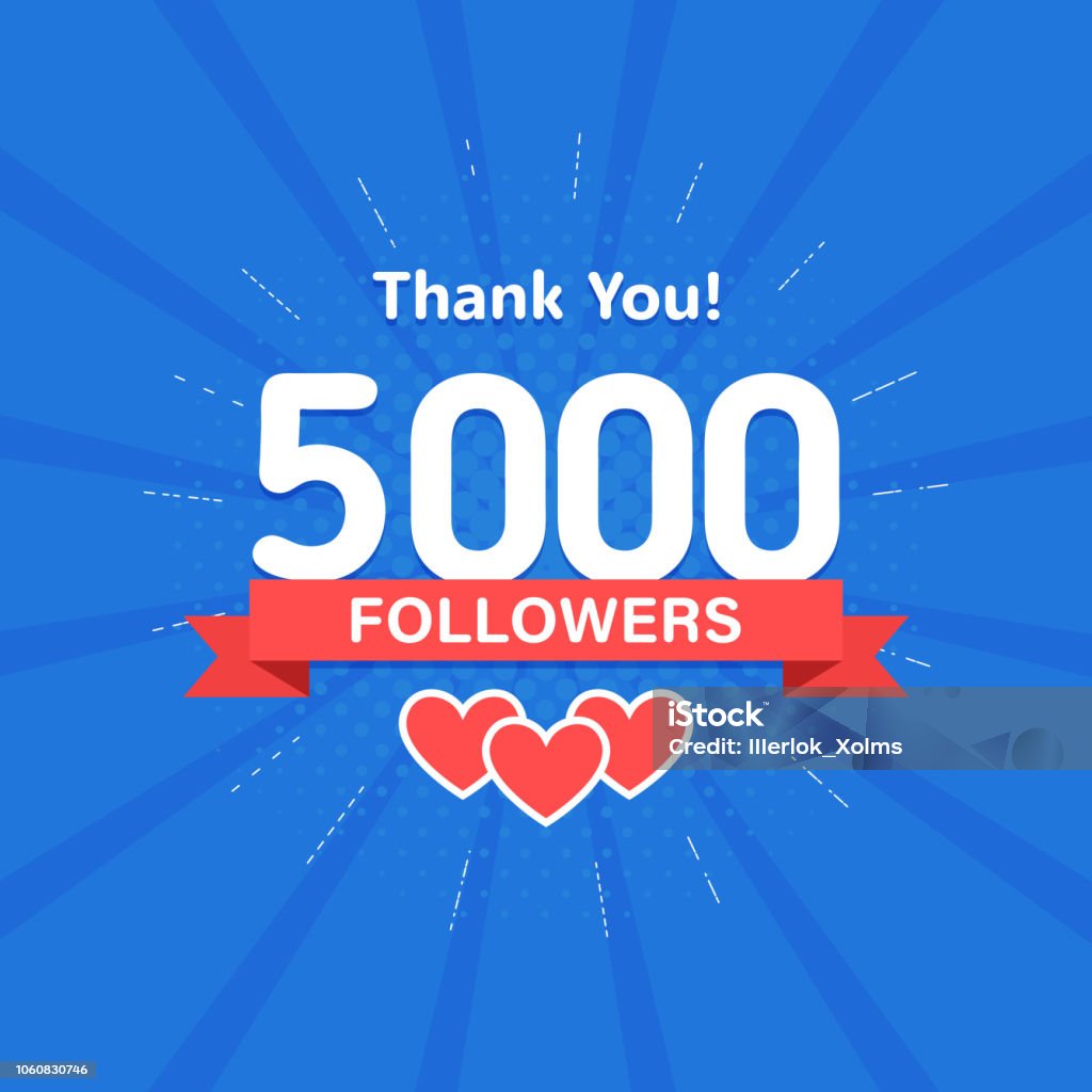 Thank you 5000 followers. Congratulation card. Web Social media concept. Blogger celebrates a many large number of subscribers. Thank you 5000 followers. Congratulation card. Web Social media concept. Blogger celebrates a many large number of subscribers Thank You - Phrase stock vector