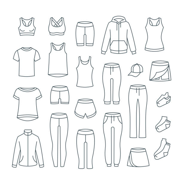 illustrazioni stock, clip art, cartoni animati e icone di tendenza di abbigliamento casual da donna per allenamento fitness in palestra - pantaloncini da corsa