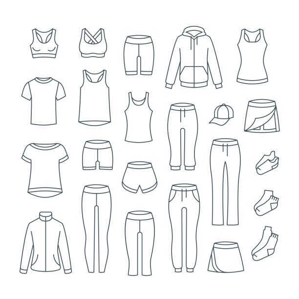 Women casual clothes for gym fitness training Women casual clothes for fitness training. Basic garments for gym workout. Vector thin line icons. Outline outfit for active girl. Linear sport style shirts, pants, jackets, tops, shorts, skirt, socks leggings stock illustrations