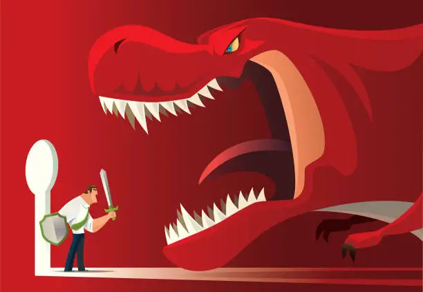 Vector illustration of armed businessman defending dinosaur