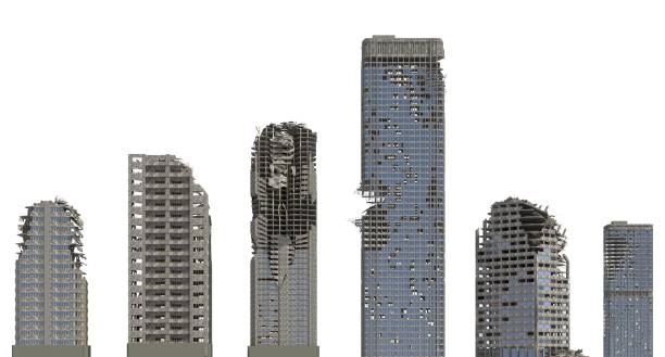 grattacieli in rovina isolati su illustrazione 3d bianca - post apocalyptic foto e immagini stock