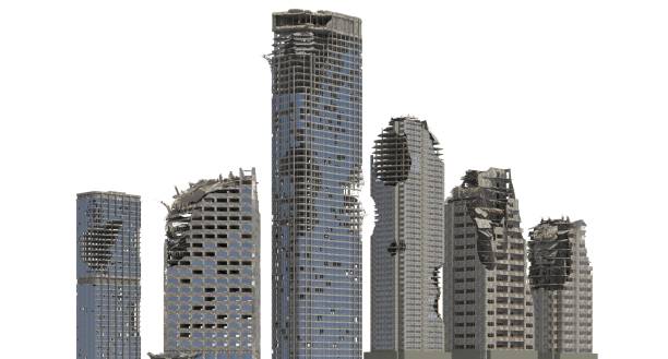 istock Ruined Skyscrapers Isolated On White 3D Illustration 1060840724