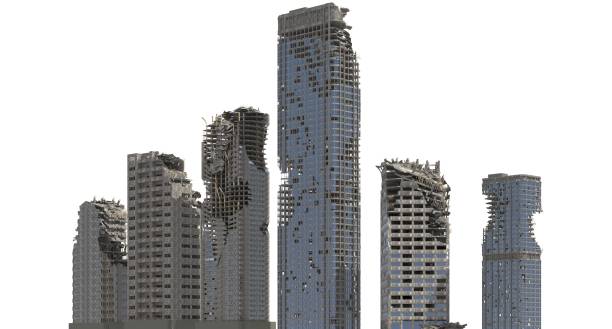 istock Ruined Skyscrapers Isolated On White 3D Illustration 1060842878