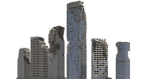 3D illustration ruined skyscrapers buildings isolated on white background