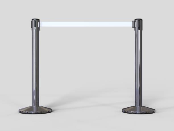 istock Stainless Chrome Pole with extending blank ribbon. 3d render illustration. 1060843292