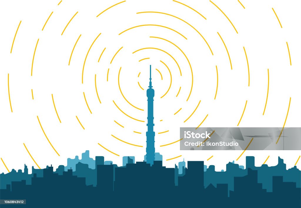 City TV tower Radio transmitter. Tower with tv signal transmitter. City with buildings and skyscrapers on background. Flat style line vector illustration. Business city center with modern houses an radio tower. Radio Wave stock vector