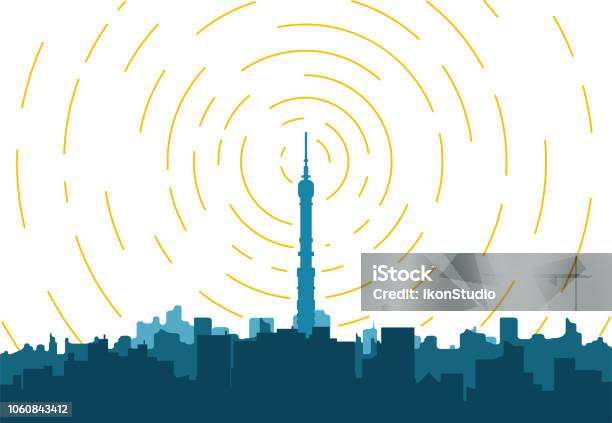 City Tv Tower Stock Illustration - Download Image Now - Radio Wave, Wave Pattern, Wireless Technology