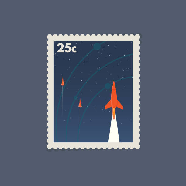 Retro space postage stamp Retro postage space stamp. Vintage soviet style stamp with flying rockets. Flat style modern vector illustration with retro colors. For for envelopes, postcards or letter retro style paper. american propaganda stock illustrations