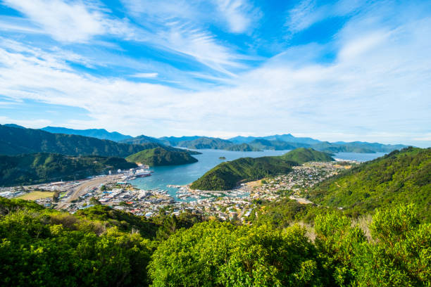 ピクトンの自然、ニュージーランド、tirohanga トラックからの眺めの間でビューを paranomic。 - marlborough region zealand new landscape ストックフォトと画像