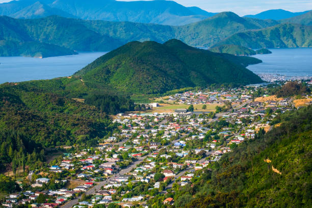 Paranomic view of Picton among the nature, New Zealand, View from Tirohanga Track. Paranomic view of Picton, New Zealand, View from Tirohanga Track. picton new zealand stock pictures, royalty-free photos & images