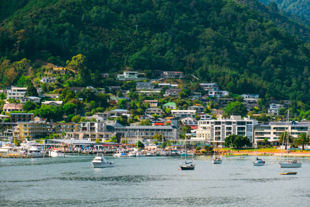 Beautiful landscape of blue ocean and City of Picton among the green nature. Beautiful landscape of blue ocean and City of Picton among the green nature. picton new zealand stock pictures, royalty-free photos & images