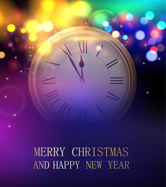 istock Merry Christmas and Happy New Year blurred greeting card with clock. 1060846020
