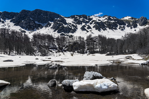 Winter landscape with the Arrenes or Moutsalia alpine lake on Mt Grammos in Greece