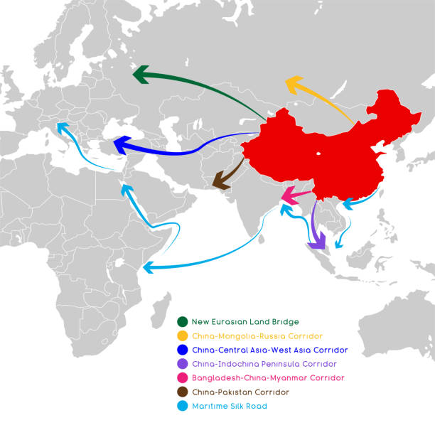 "one belt one road" neues seidenstraßen-konzept. konnektivität und zusammenarbeit zwischen eurasischen ländern des 21. jahrhunderts. vektorillustration. - belt stock-grafiken, -clipart, -cartoons und -symbole