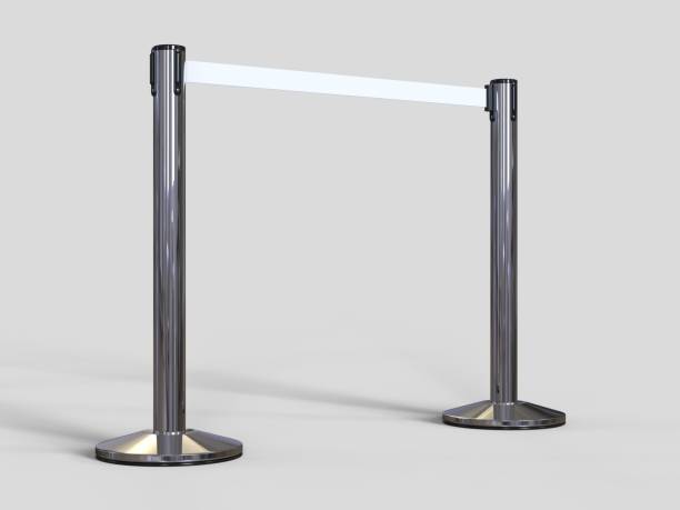 istock Stainless Chrome Pole with extending blank ribbon. 3d render illustration. 1060849538