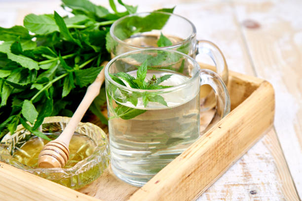 istock Hot herbal mint tea drink in glass mug 1060850336