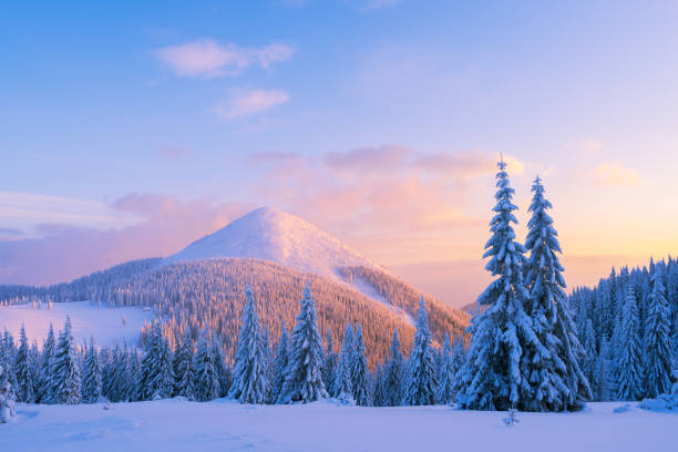 istock Christmas landscape in the winter mountains at sunset 1060852936