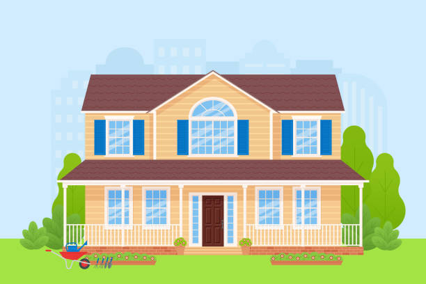 House home facade exterior. Vector illustration in flat design. House exterior. Vector. Home facade. Townhouse front building with lawn, tree, bush, cityscape. Modern residential cottage. Apartment with door, roof, porch, window flat design. Cartoon illustration. house clipart stock illustrations