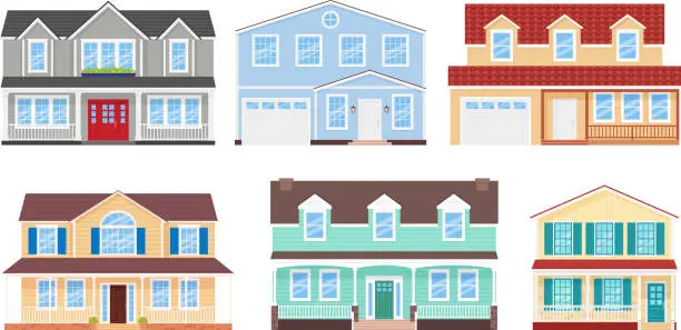Vector illustration of House home facade, set. Vector illustration in flat design.