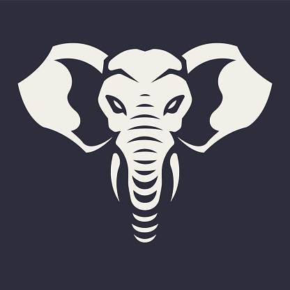 Elephant mascot vector art. Frontal symmetric image of elephant looking dangerous. Vector monochrome icon.