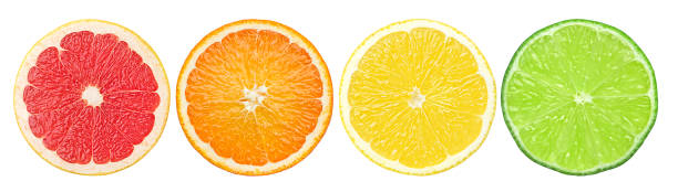 tranche agrume, citron pamplemousse, orange, citron vert, isolé sur fond blanc, clipping path - lime fruit citrus fruit portion photos et images de collection