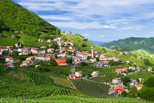 Panorama of Santo Stefano-Valdobbiadene (TV) land Prosecco vineyards in spring