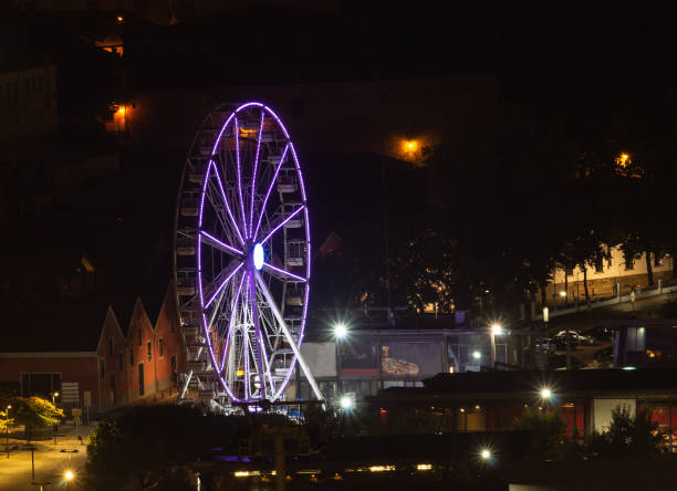 ruota panoramica illuminata di notte - ferris wheel wheel night neon light foto e immagini stock