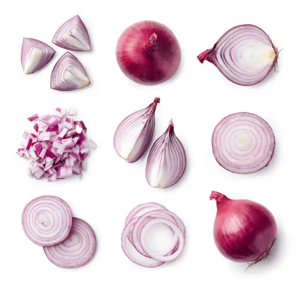 Set of whole and sliced red onions isolated on white background. Top view