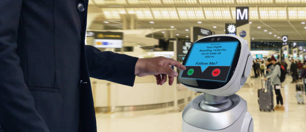 istock robotic advisor technology concept,airport use robotic advisor for help passenger and give information about the flight ,boarding pass, time and direction to the gate with augmented reality 1060861670