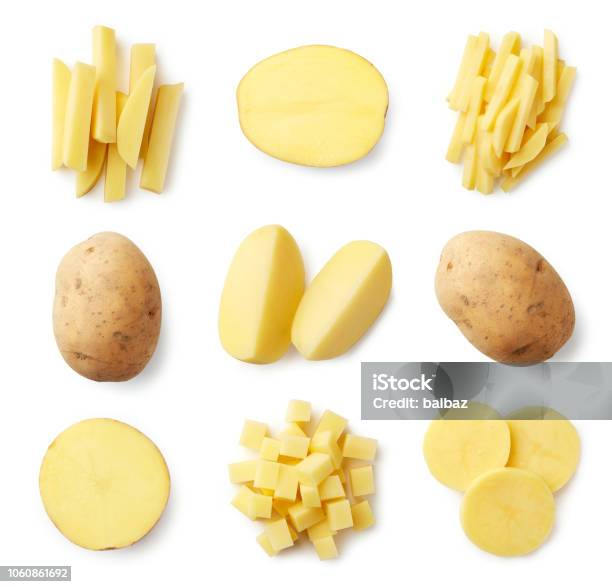 Set Of Fresh Whole And Sliced Potatoes Stock Photo - Download Image Now - Prepared Potato, Slice of Food, High Angle View