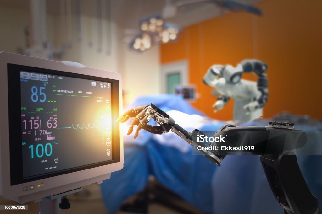 concepto de tecnología médica inteligente, avanzada máquina de cirugía robótica en el Hospital, cirugía robótica son precisión, miniaturización, incisiones más pequeñas, pérdida de sangre disminuida, menor dolor, rápida curación tiempo - Foto de stock de Robot libre de derechos