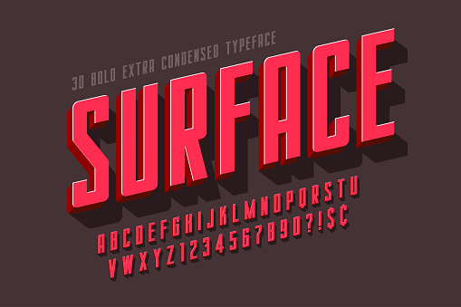 Condensed 3d display font design, alphabet, letters and numbers. Swatch color control