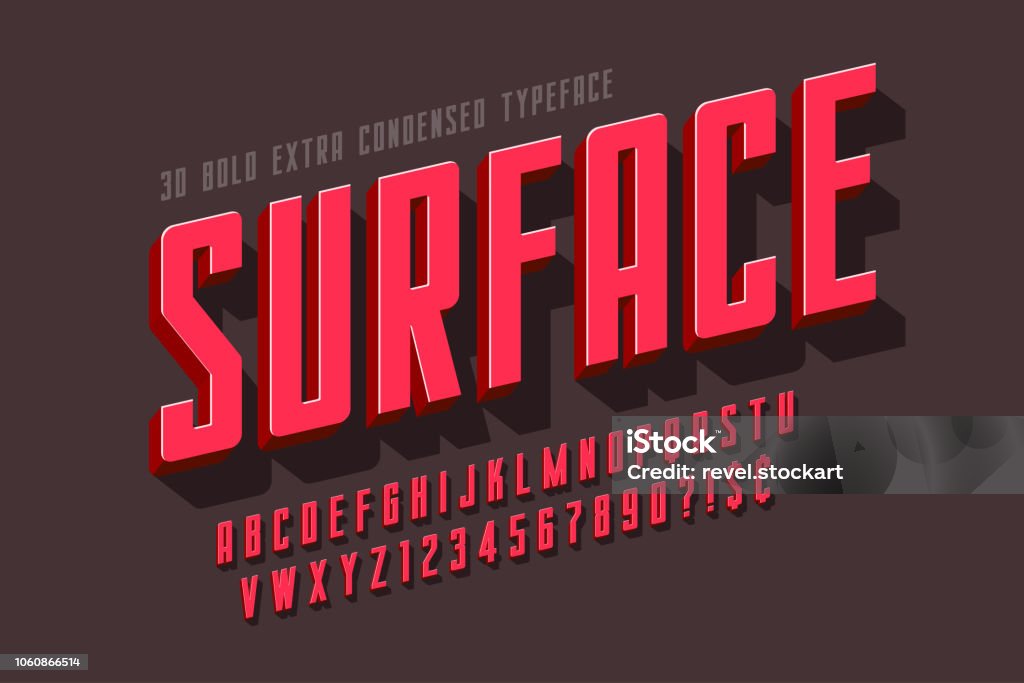 Condensed 3d display font design, alphabet, letters Condensed 3d display font design, alphabet, letters and numbers. Swatch color control Typescript stock vector
